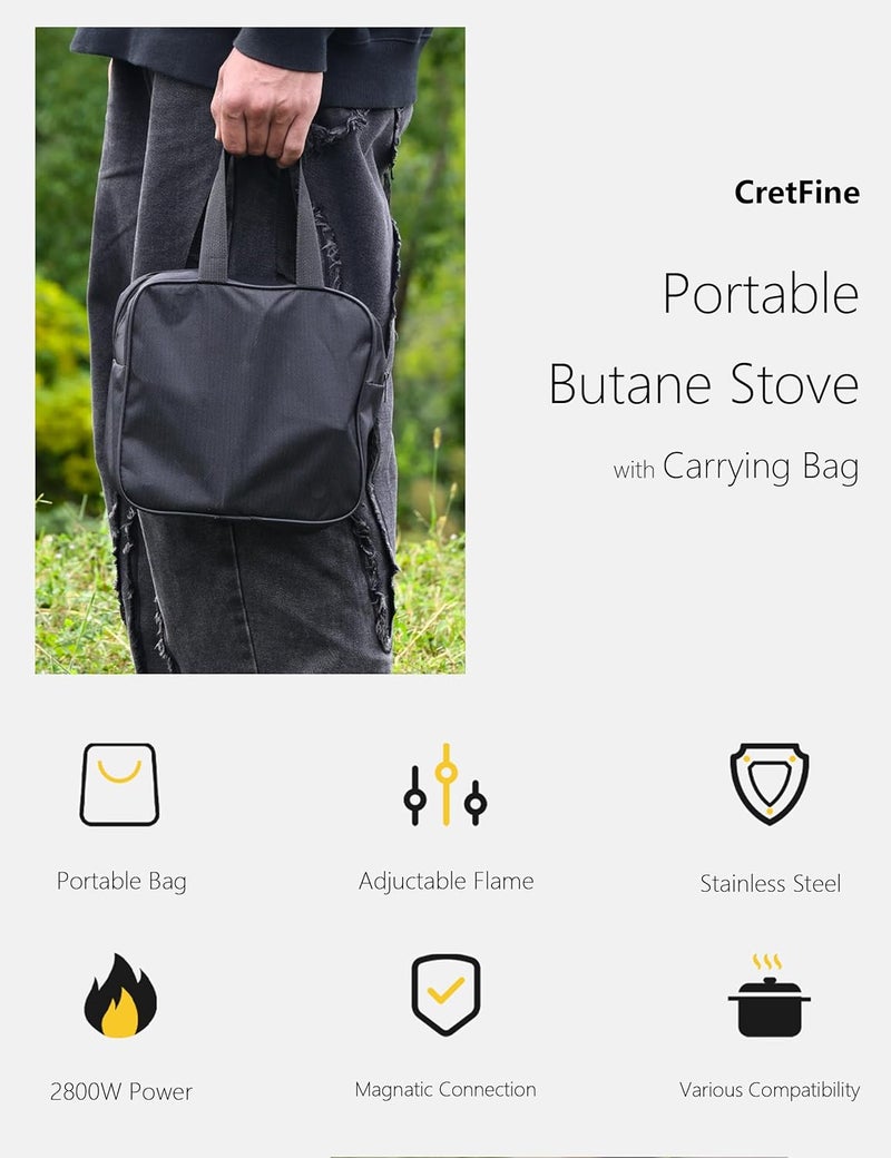 CretFine Mini Butane Camping Stove with Portable Bag, Indoor and Outdoor Cooking, for Emergency and Camp Essentials, 8205 BTU, 2hr Usage per Canister, Gas Not Included, Olive - Image 5